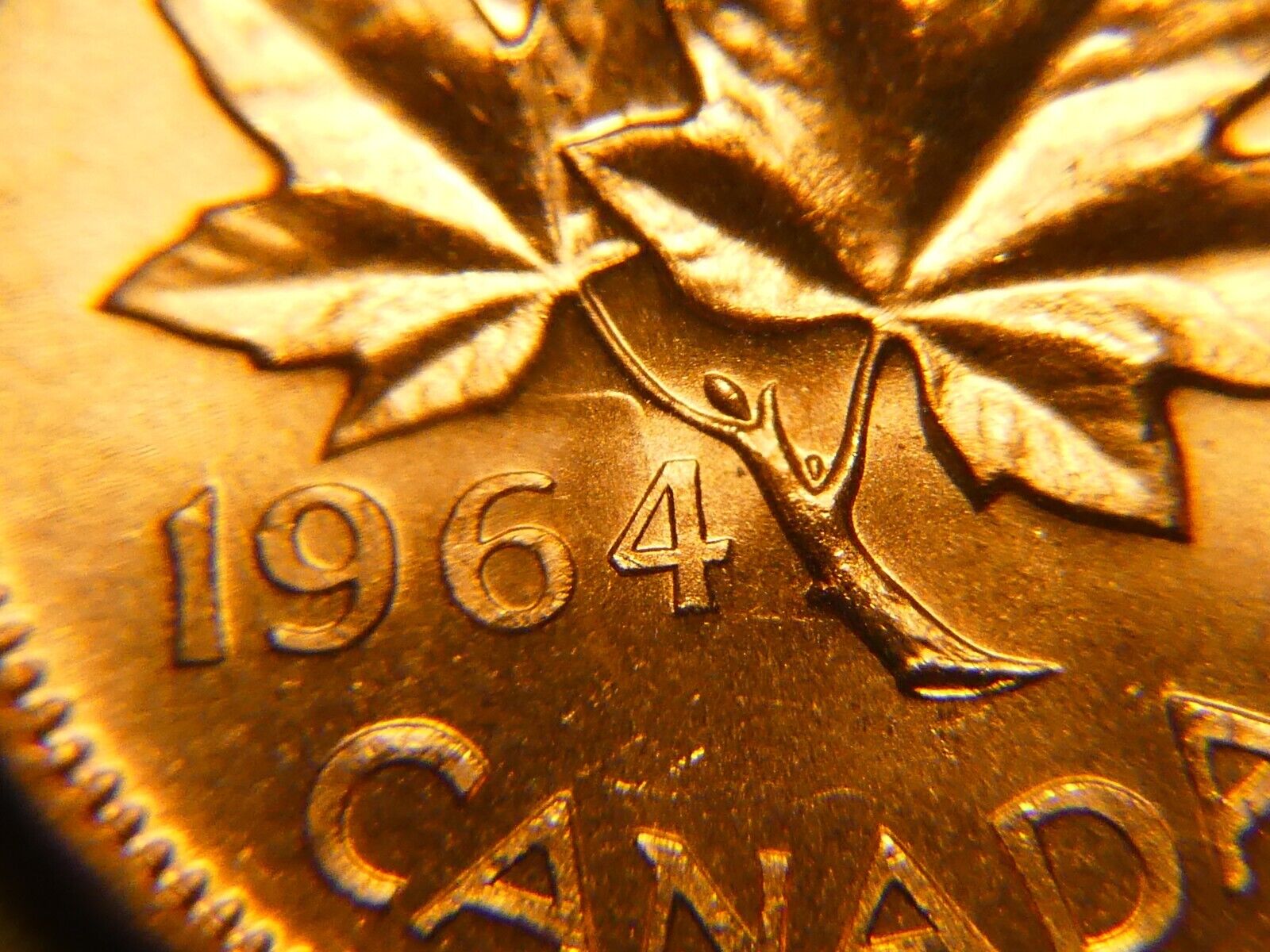 1964 Canadian one-cent Hanging 4 variety, CoinData specimen